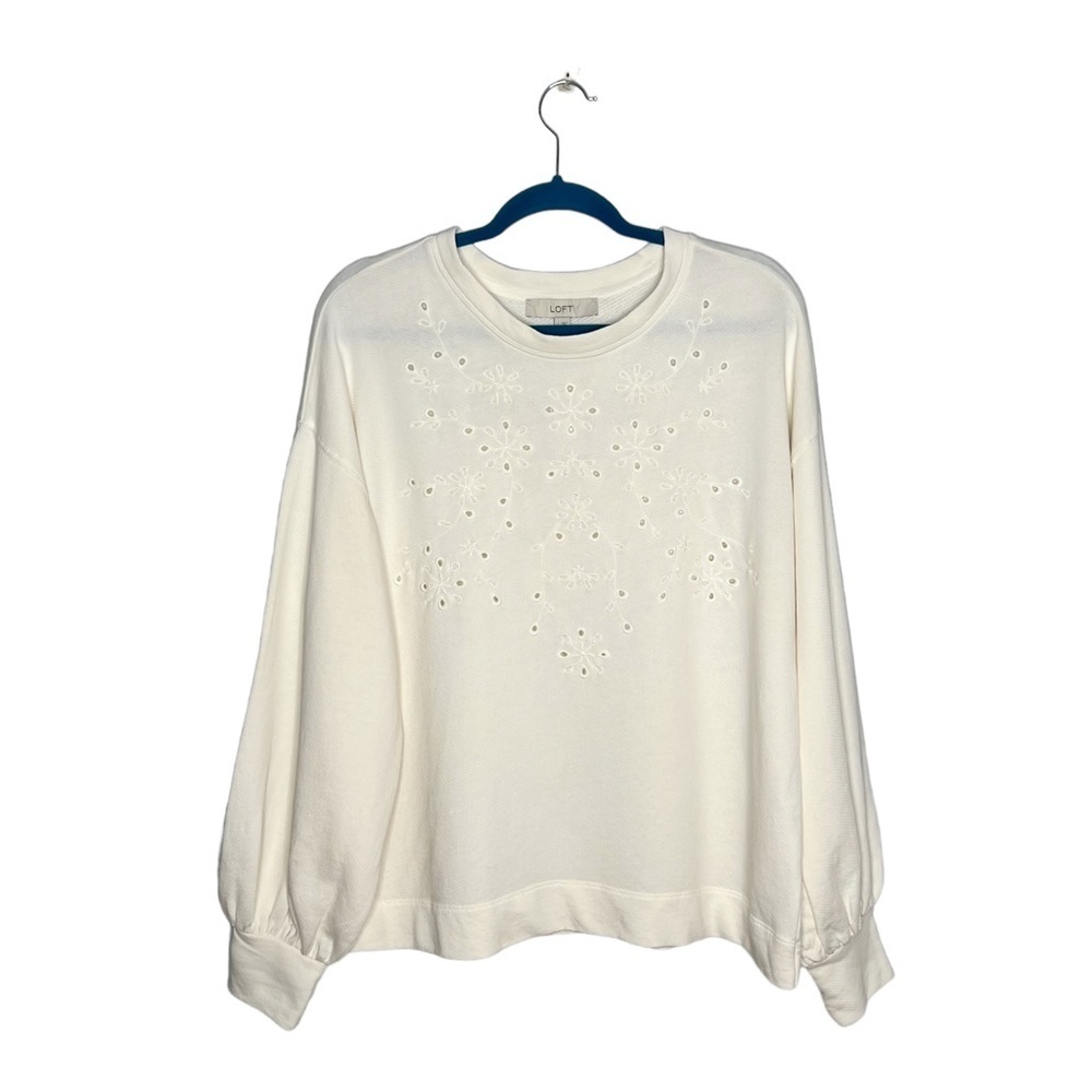 NWT LOFT White Eyelet Pullover Poet Sleeve Knit Blouse